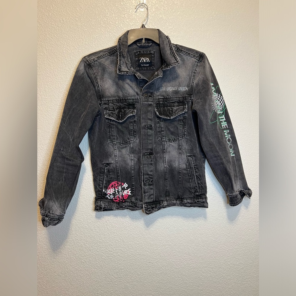 Zara Printed Distressed Denim Jacket, Small Men